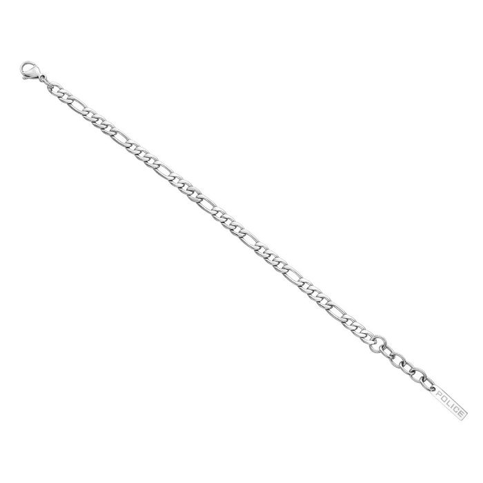 Pulseira prateada Police, esticada, com uma malha em elos 3+1 e um pendente com o nome da marca.