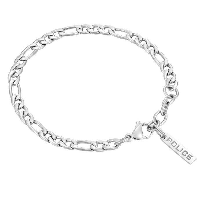 Pulseira prateada Police com uma malha em elos 3+1 e um pendente com o nome da marca.
