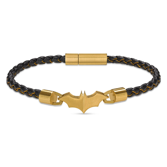 Pulseira Police em couro preto e com a forma icónica do Batarang em dourado, de referência a Batman.