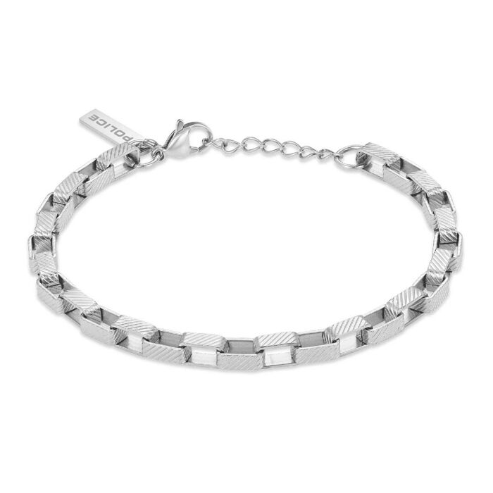 Pulseira Police com uma malha de elos rígidos prateados e de fecho ajustável.