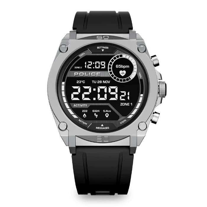 Smartwatch Police de bracelete preta e caixa prateada com um ecrã digital com indicações diárias.