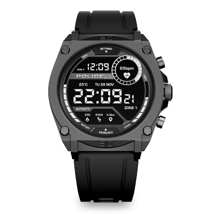 Smartwatch Police com bracelete em silicone e caixa preta com um ecrã digital com indicações diárias.