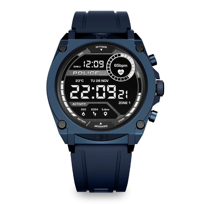 Smartwatch Police com bracelete em silicone e caixa azul com um ecrã digital com indicações diárias.