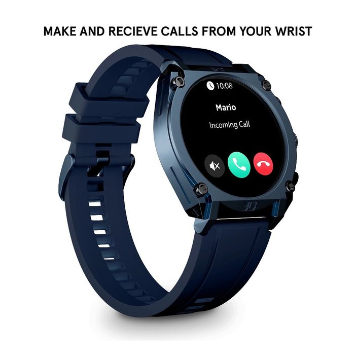 Smartwatch Police de lado com bracelete e caixa azul com um ecrã digital com indicações de chamadas.