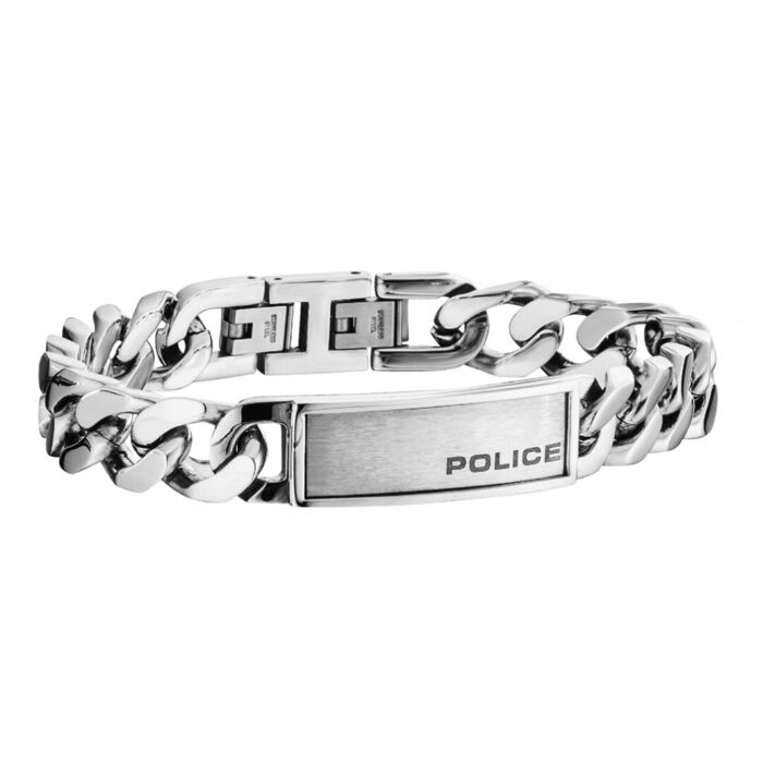 Pulseira prateada Police com uma malha de elos grandes e uma chapa com o nome da marca inscrito.