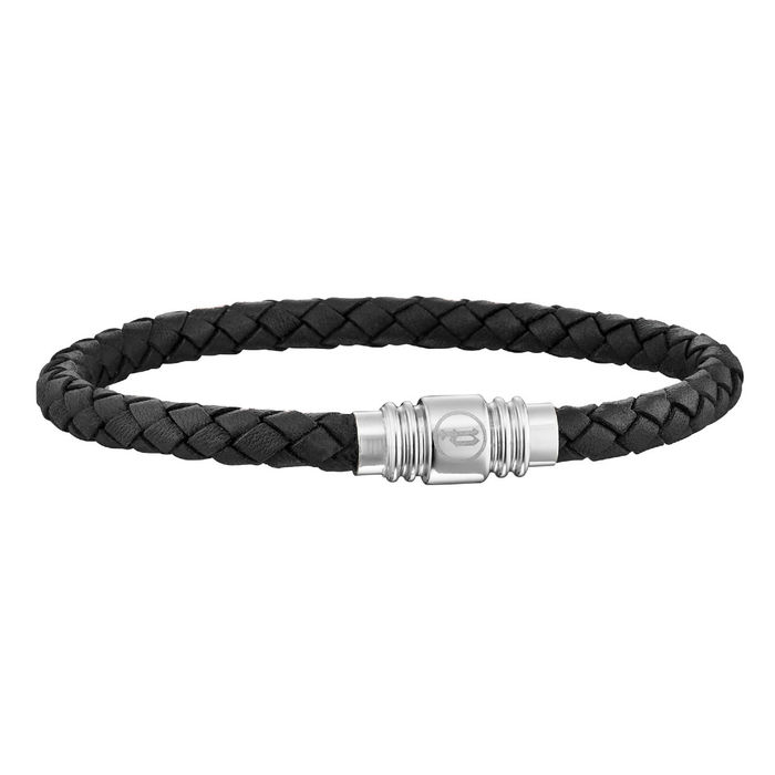 Pulseira Police em couro preto com um fecho prateado com o logo da marca inscrito.