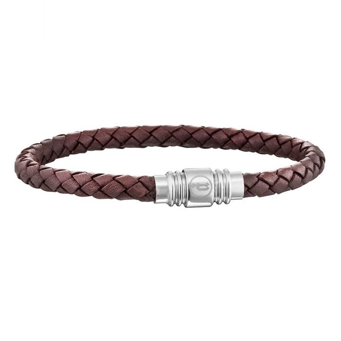 Pulseira Police em couro castanho com um fecho prateado com o logo da marca inscrito.