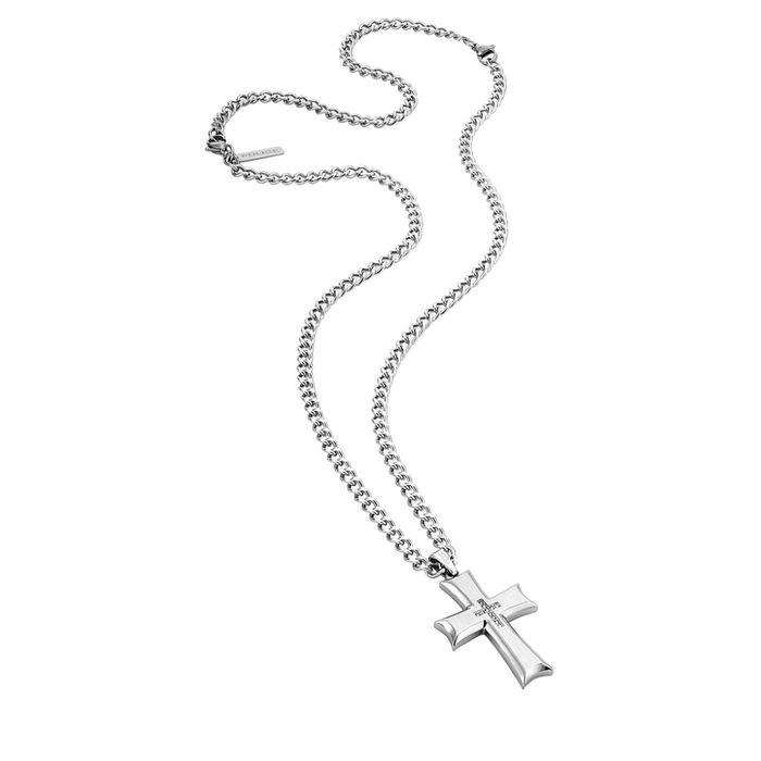 Colar Police em aço prateado com um pendente de uma cruz com uma outra no centro com zircónias.