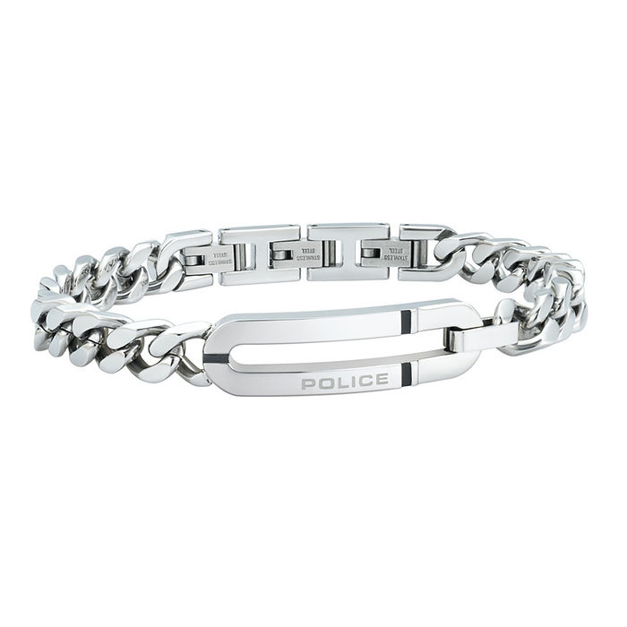 Pulseira prateada Police com elos grandes e uma chapa com o centro recortado.
