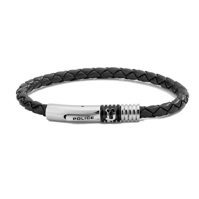 Pulseira em couro preto da Police com um fecho prateado com o nome e logo da marca inscrito.