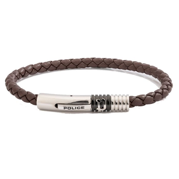 Pulseira em couro castanho da Police com um fecho prateado com o nome e logo da marca inscrito.