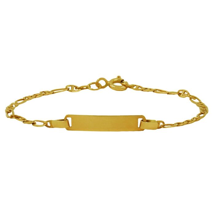 Imagem de pulseira de criança em ouro amarelo, com malha em formato de elos e chapa no centro.