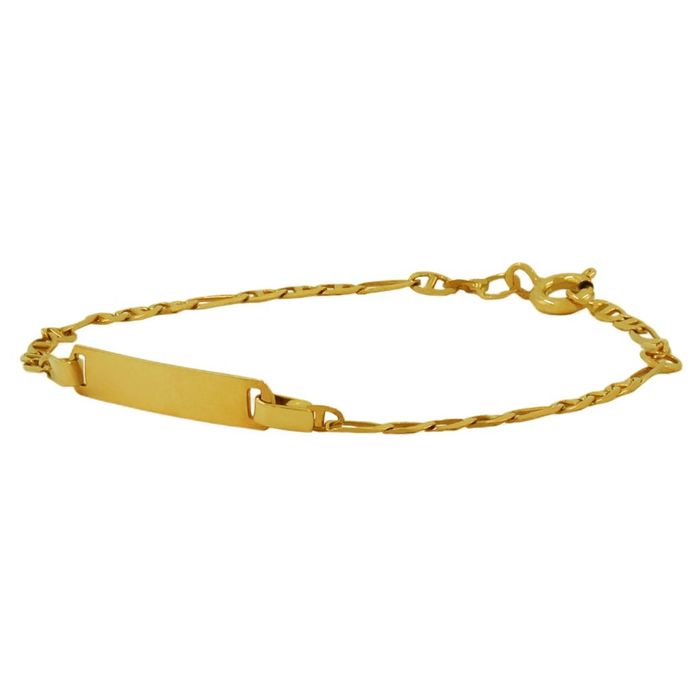 Imagem lateral de pulseira em ouro amarelo, com malha em formato de elos e chapa no centro.