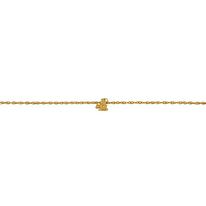 Imagem detalhada de pulseira em ouro amarelo, malha singapura, com pendente em formato de anjo.