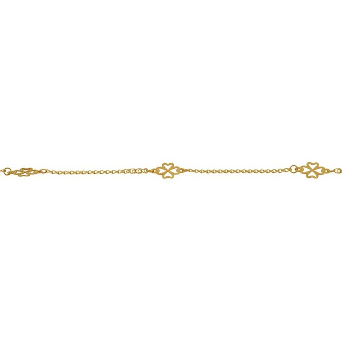 Imagem aproximada de pulseira em ouro de tom dourado, com e três trevos intercalados na malha.
