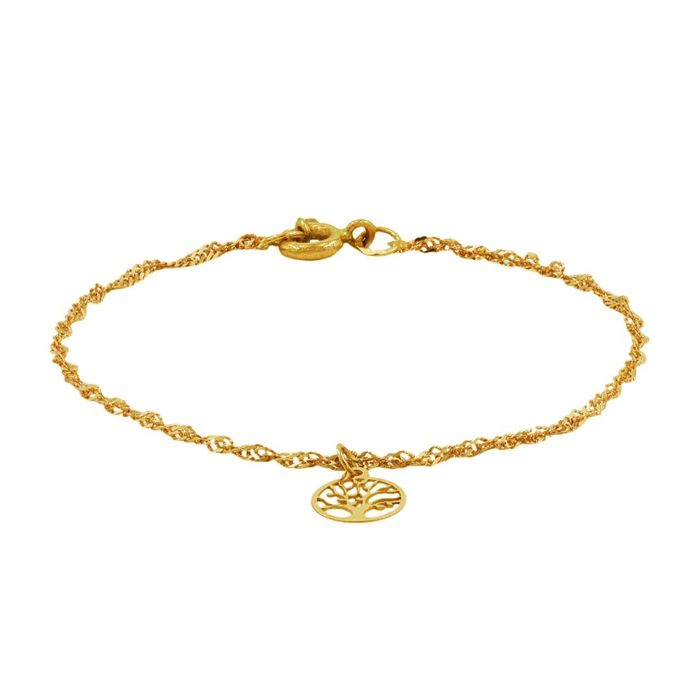 Imagem de pulseira de criança em ouro de tom dourado, com malha singapura e pendente árvore da vida.