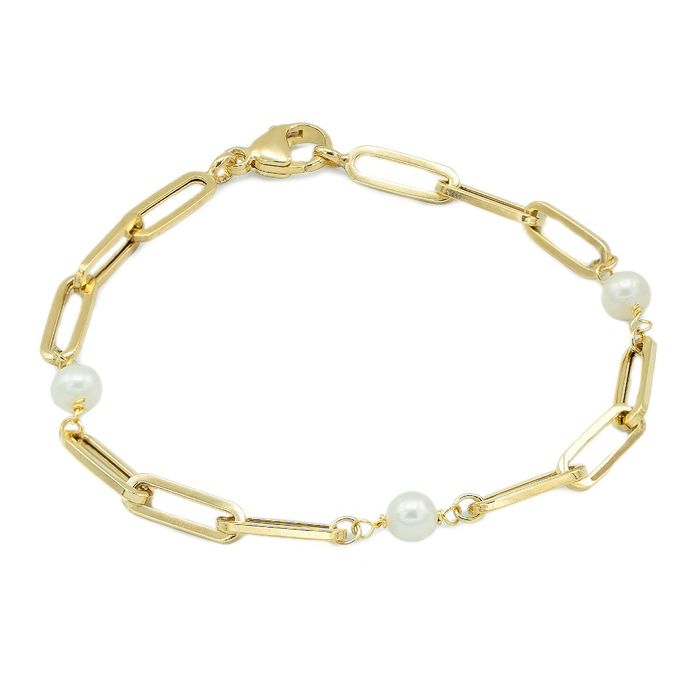 Pulseira feminina da Zerus em ouro amarelo de 9kl, com malha de elos longos e pérolas sintéticas.