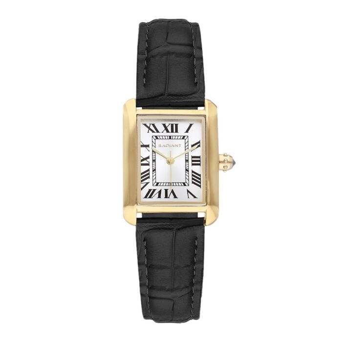 Relógio Radiant de bracelete em pele preta e caixa retangular dourada com mostrador branco.