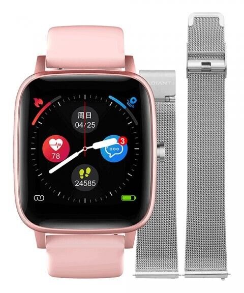 Smartwatch Radiant de bracelete e caixa retangular rosa e uma bracelete prateada em aço de lado.