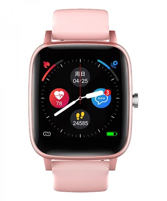 Smartwatch Radiant de bracelete e caixa retangular rosa com um ecrã preto digital com gráficos.