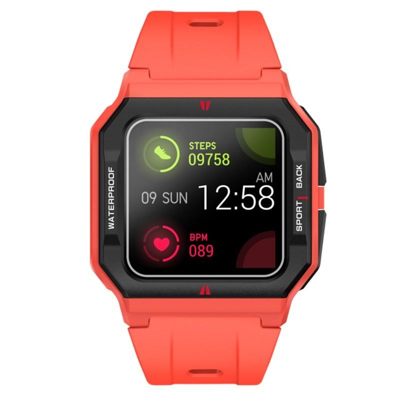 Smartwatch Radiant de bracelete e caixa quadrada vermelha com um ecrã preto digital com gráficos.