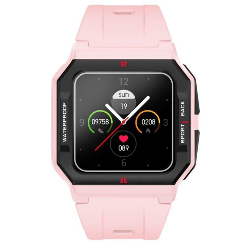 Smartwatch Radiant de bracelete em silicone e caixa quadrada com um ecrã preto digital com gráficos.