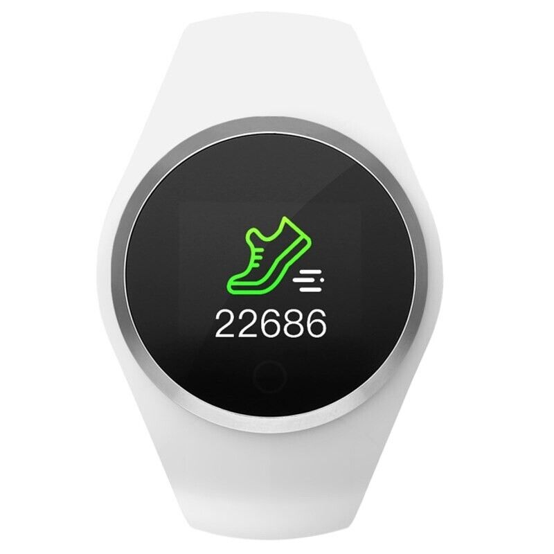 Smartwatch Radiant de bracelete em silicone e caixa branca com um ecrã preto digital com um gráfico.