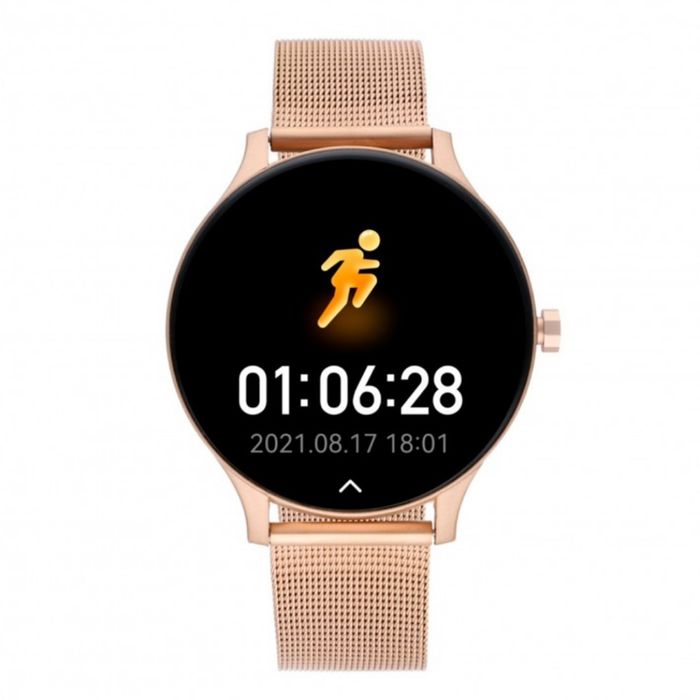 Smartwatch Radiant de bracelete milanesa e caixa circular em rose gold com ecrã preto e números.