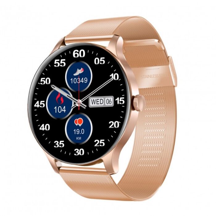 Smartwatch Radiant em rose gold com ecrã preto com números, calendário e gráficos ilustrativos.