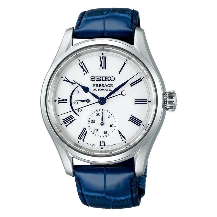 Relógio masculino Seiko Presage em aço inoxidável com bracelete pele, mostrador em porcelana branca.