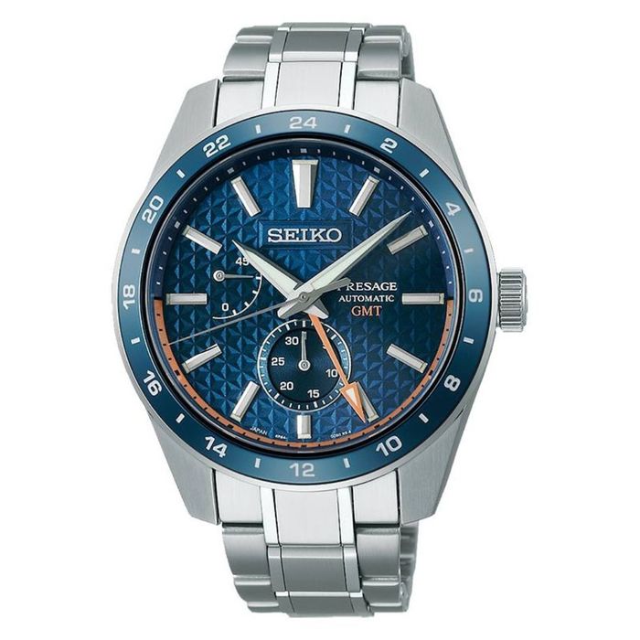 Relógio masculino Seiko Presage em aço inoxidável prateado, automático, de mostrador padrões azuis.