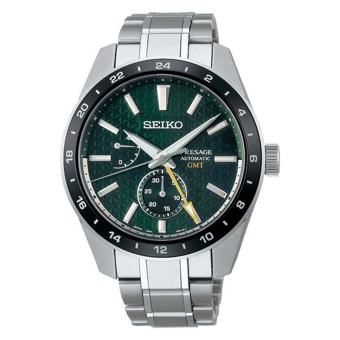 Relógio masculino Seiko Presage em aço inoxidável, movimento automático com mostrador de tom verde.