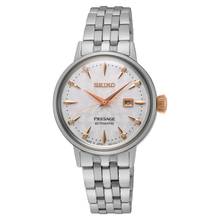 Relógio feminino Seiko Presage, bracelete e caixa em aço prateado, mostrador cravado com diamantes.