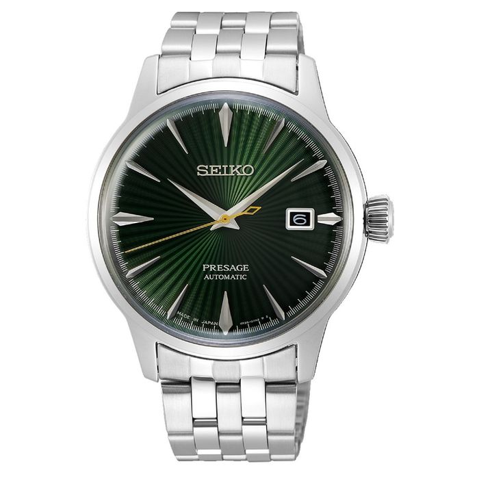 Relógio masculino Seiko Presage com bracelete e caixa em aço de cor prateada e mostrador tom verde.