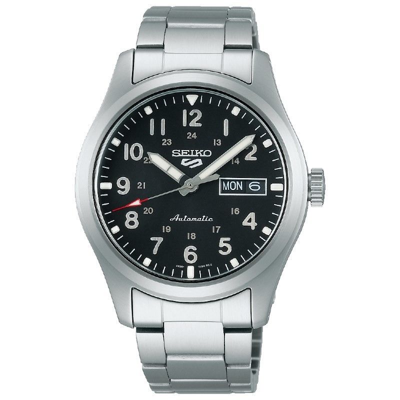 Relógio masculino Seiko 5, com bracelete e caixa em aço, prateado, mostrador preto com calendário.