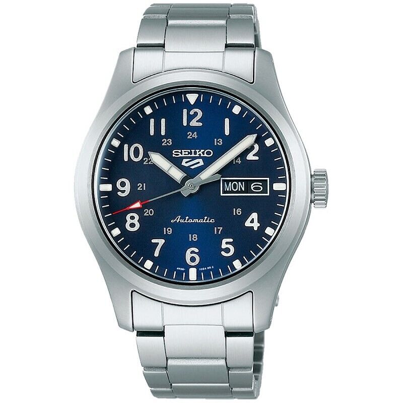 Relógio masculino Seiko 5, com bracelete e caixa em aço, prateado, mostrador azul com calendário.