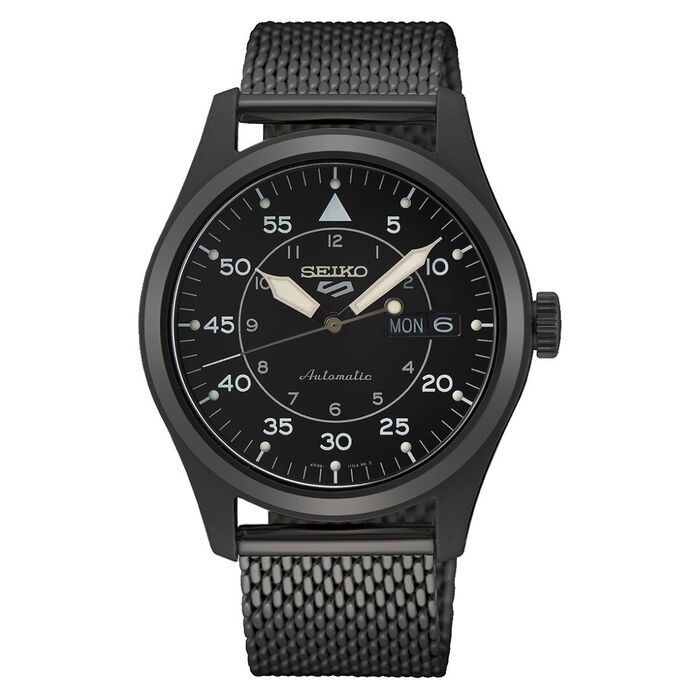 Relógio masculino Seiko, com bracelete e caixa em aço de tom preto e mostrador preto com calendário.