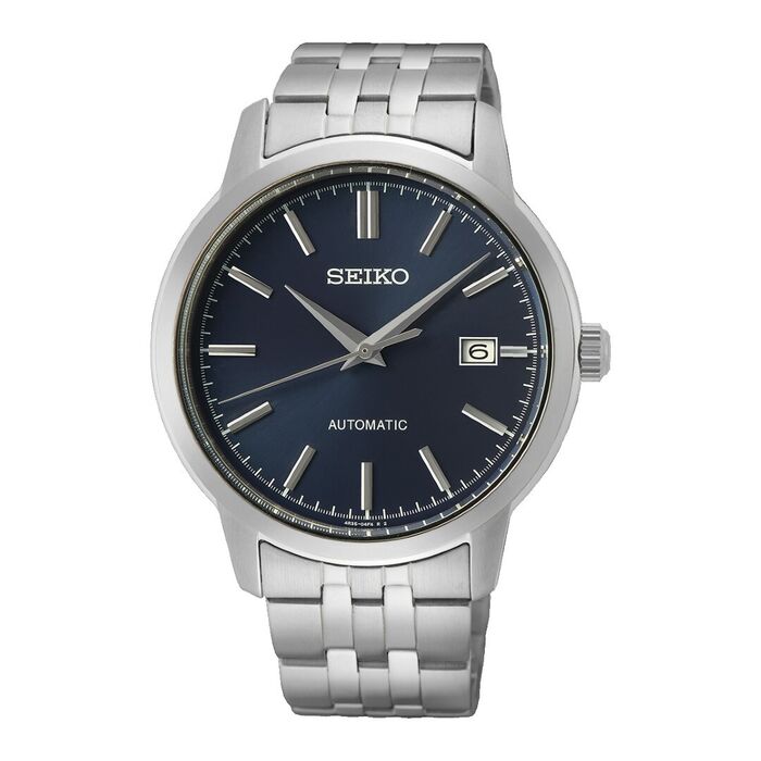 Relógio masculino Seiko, com bracelete e caixa em aço e mostrador tom azul com calendário.