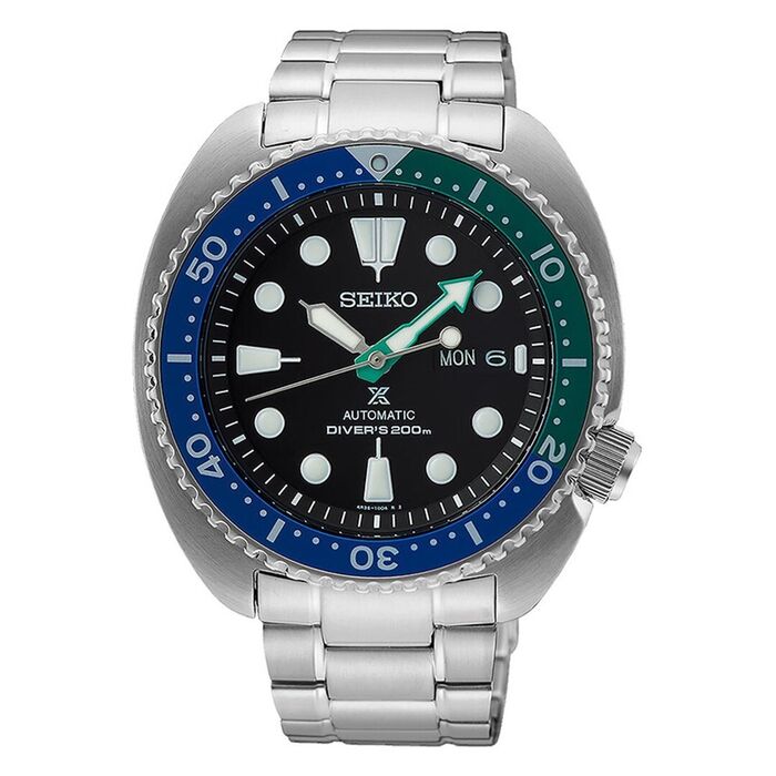 Relógio masculino Seiko Prospex, de bracelete e caixa em aço e mostrador preto com calendário.