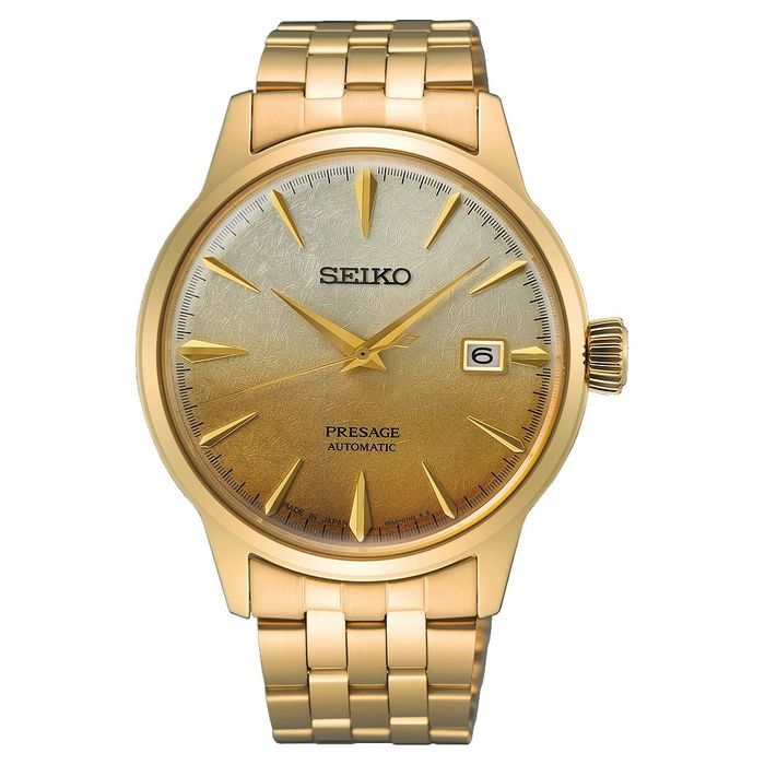 Relógio masculino Seiko Presage, de bracelete e caixa dourada e mostrador dourado brilhante.