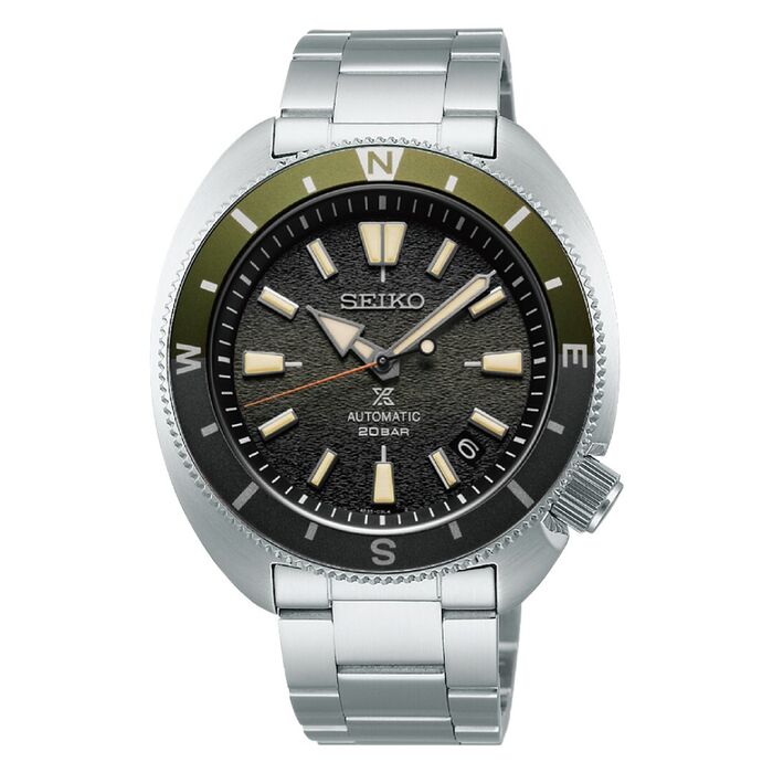 Relógio masculino Seiko Prospex, com bracelete e caixa em aço e mostrador tom verde com calendário.