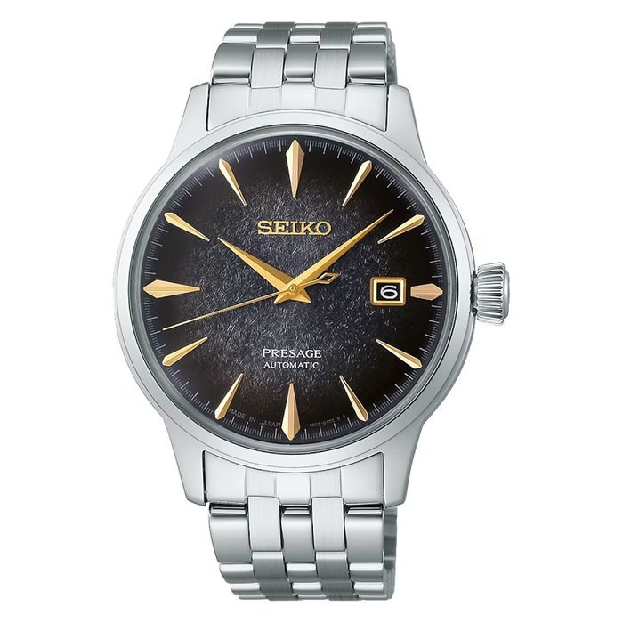 Relógio masculino Seiko Presage, de bracelete e caixa prateada em aço e mostrador preto.