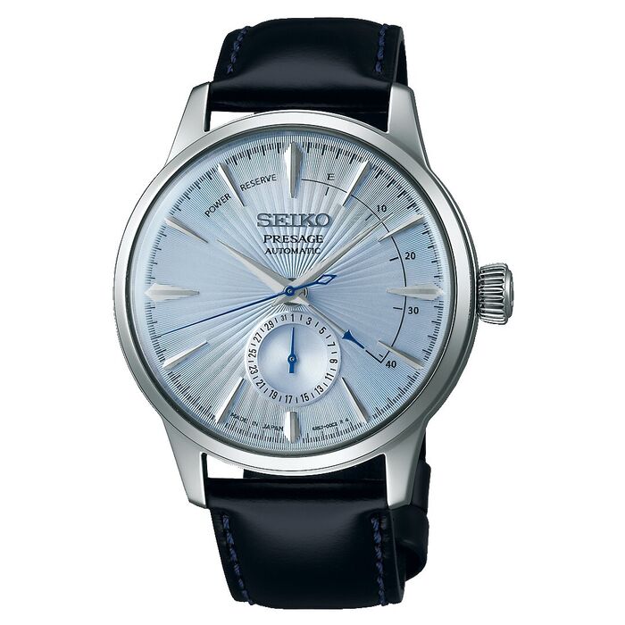 Relógio masculino Seiko Presage, com bracelete em pele preta e caixa prateada com mostrador azul.