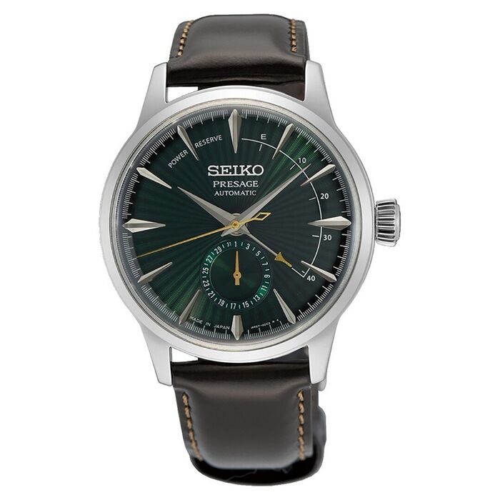 Relógio masculino Seiko Presage Cocktail, bracelete em pele castanha e mostrador verde, clássico.