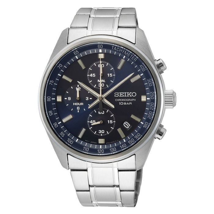 Relógio masculino Seiko Neo Sport, com bracelete e caixa em aço prateado, mostrador cronógrafo azul.