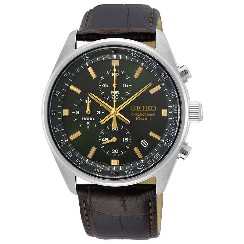 Relógio masculino Seiko Neo Sport, com bracelete em pele e caixa em aço, mostrador cronógrafo verde.