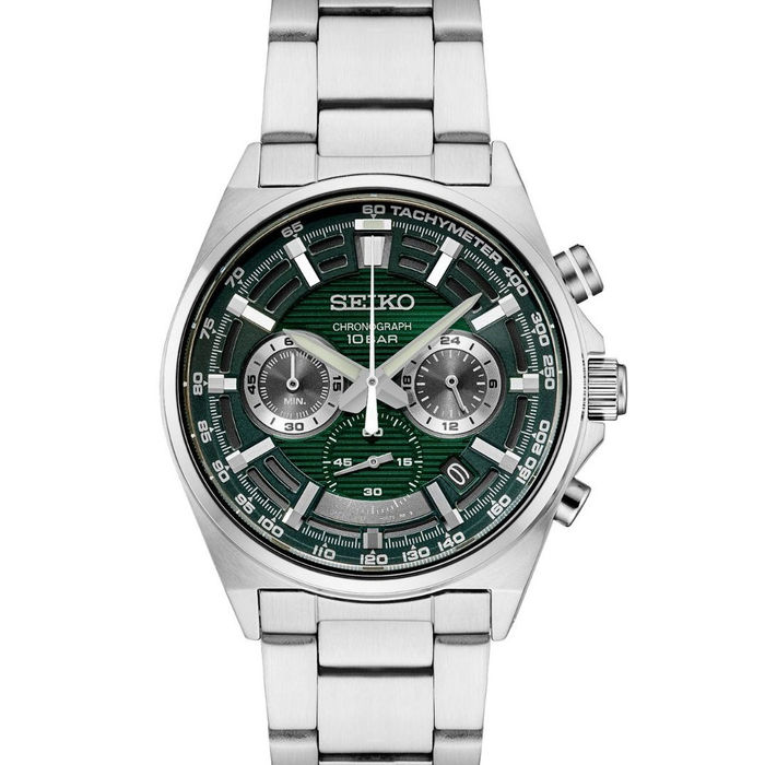 Vista aproximada de relógio Seiko Neo Sport, com caixa e bracelete prateadas e mostrador verde.