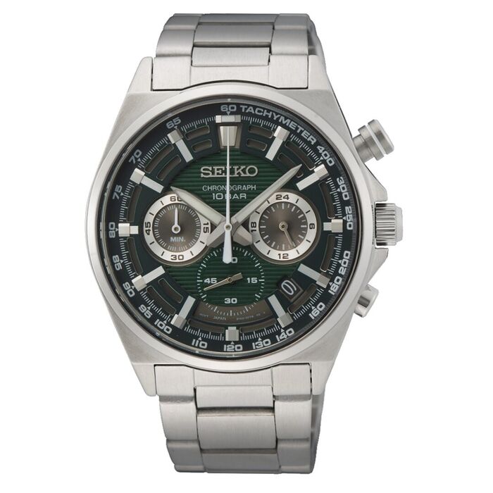Relógio masculino Seiko Neo Sport, com caixa e bracelete prateadas e mostrador verde com cronógrafo.
