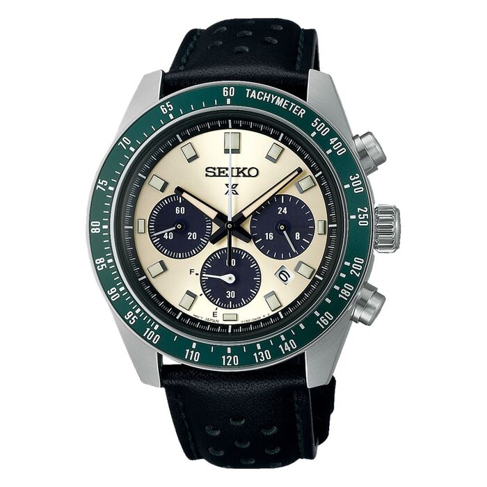 Relógio masculino Seiko Prospex, com bracelete pele preta e caixa aço prateada, mostrador cor bege.