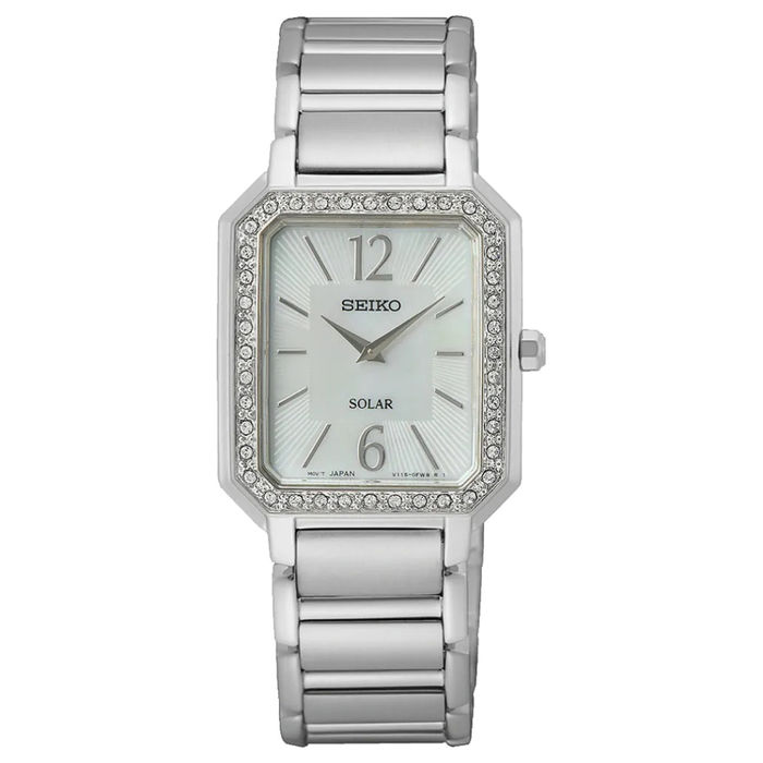 Relógio feminino Seiko de bracelete e caixa prateada, mostrador retangular madrepérola e pedras.